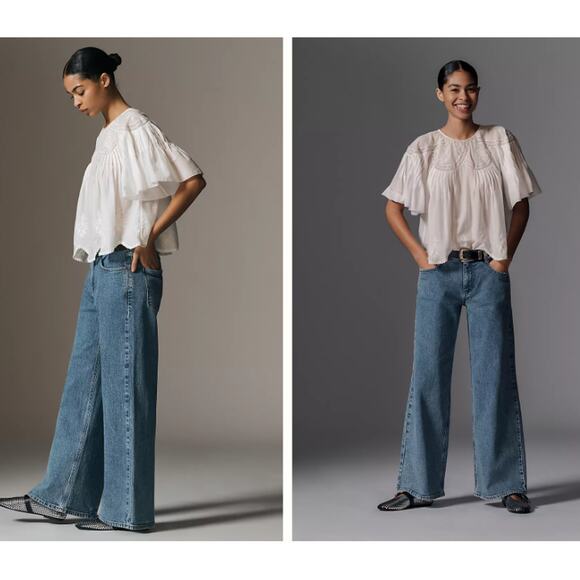 Pilcro Denim - Pilcro Anthropologie High Rise Wide Leg Ankle Blue Denim Jeans Size 29